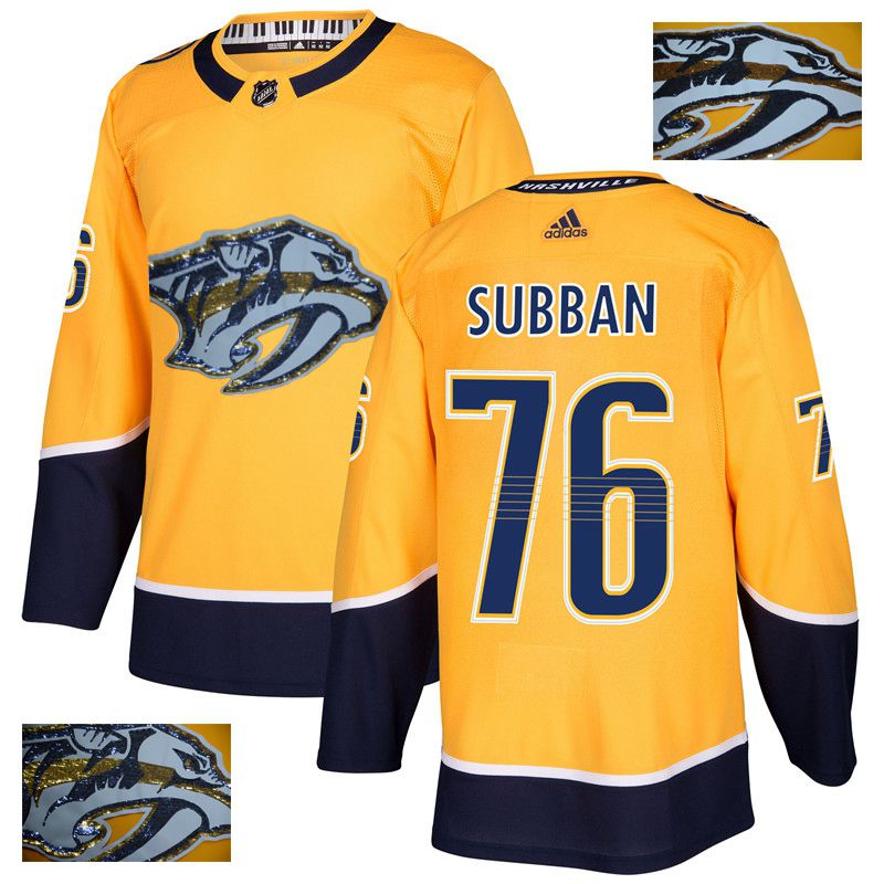 Men Nashville Predators #76 Subban Yellow Gold embroidery Adidas NHL Jerseys